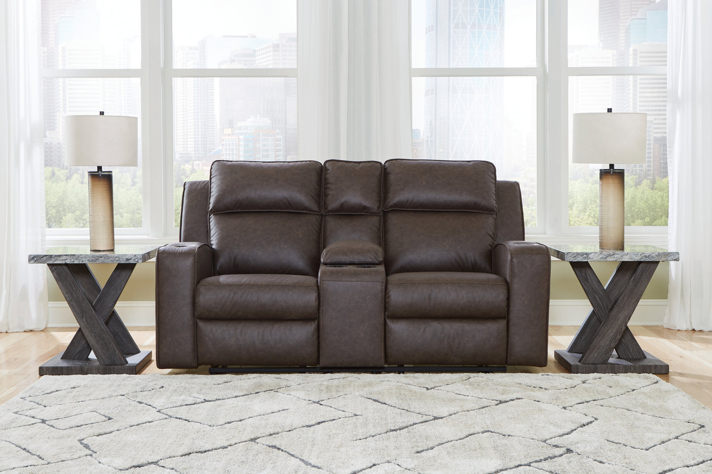 Ocala Furniture Outlet - Ashley Furniture - Lavenhorne Living Room - DBL Rec Loveseat w/Console / Umber - 6330694