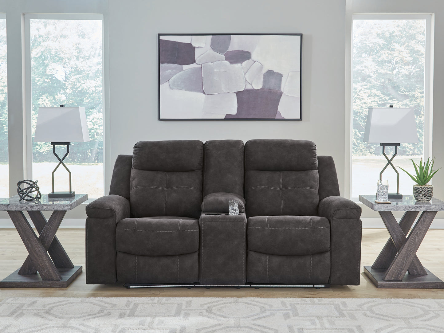 Ocala Furniture Outlet - Ashley Furniture - Brysonview Living Room - DBL Rec Loveseat w/Console / Charcoal - 6360594