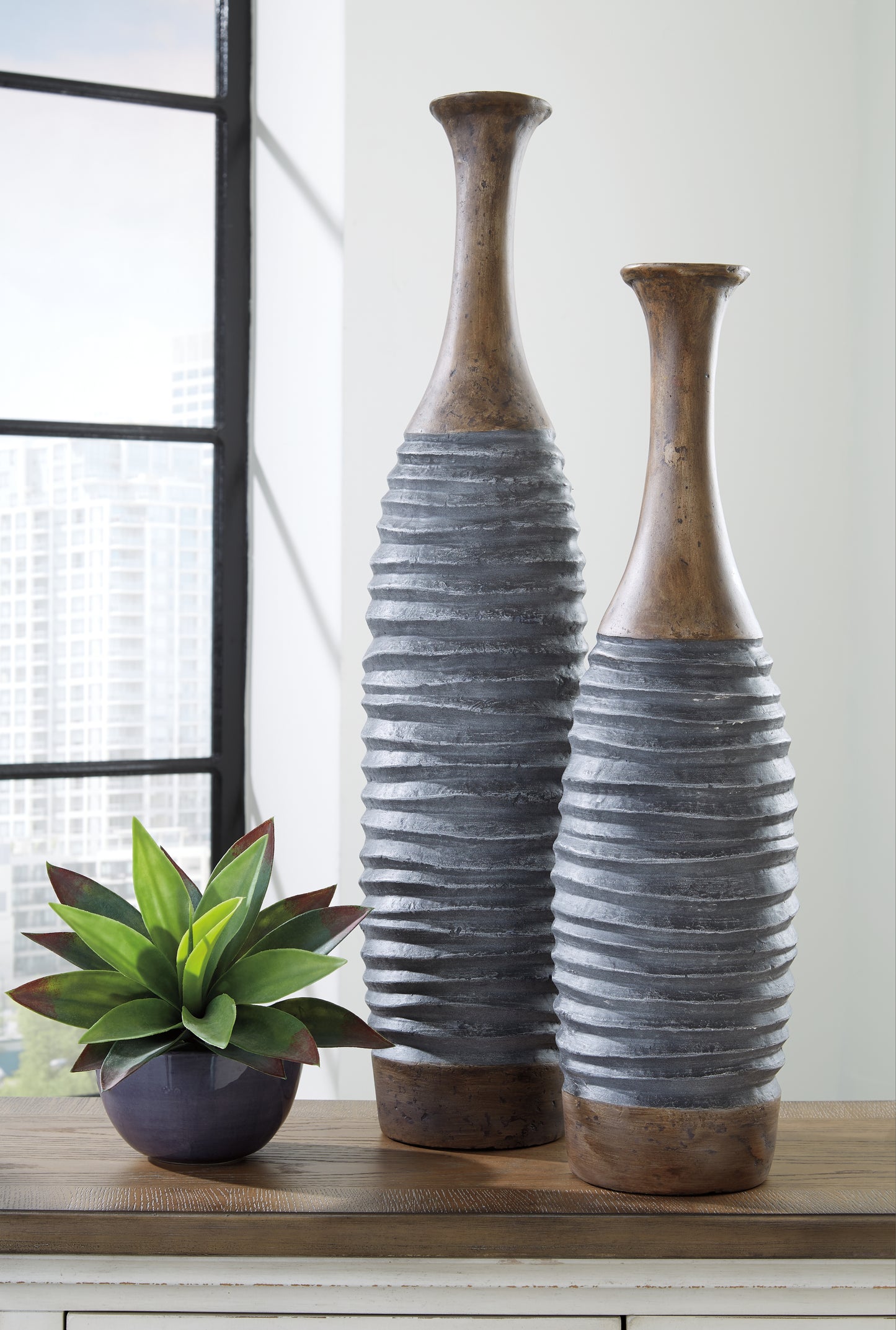 Ocala Furniture Outlet - Ashley Furniture - Blayze Vase - Vase Set (Set of 2) / Antique Gray/Brown - A2000388