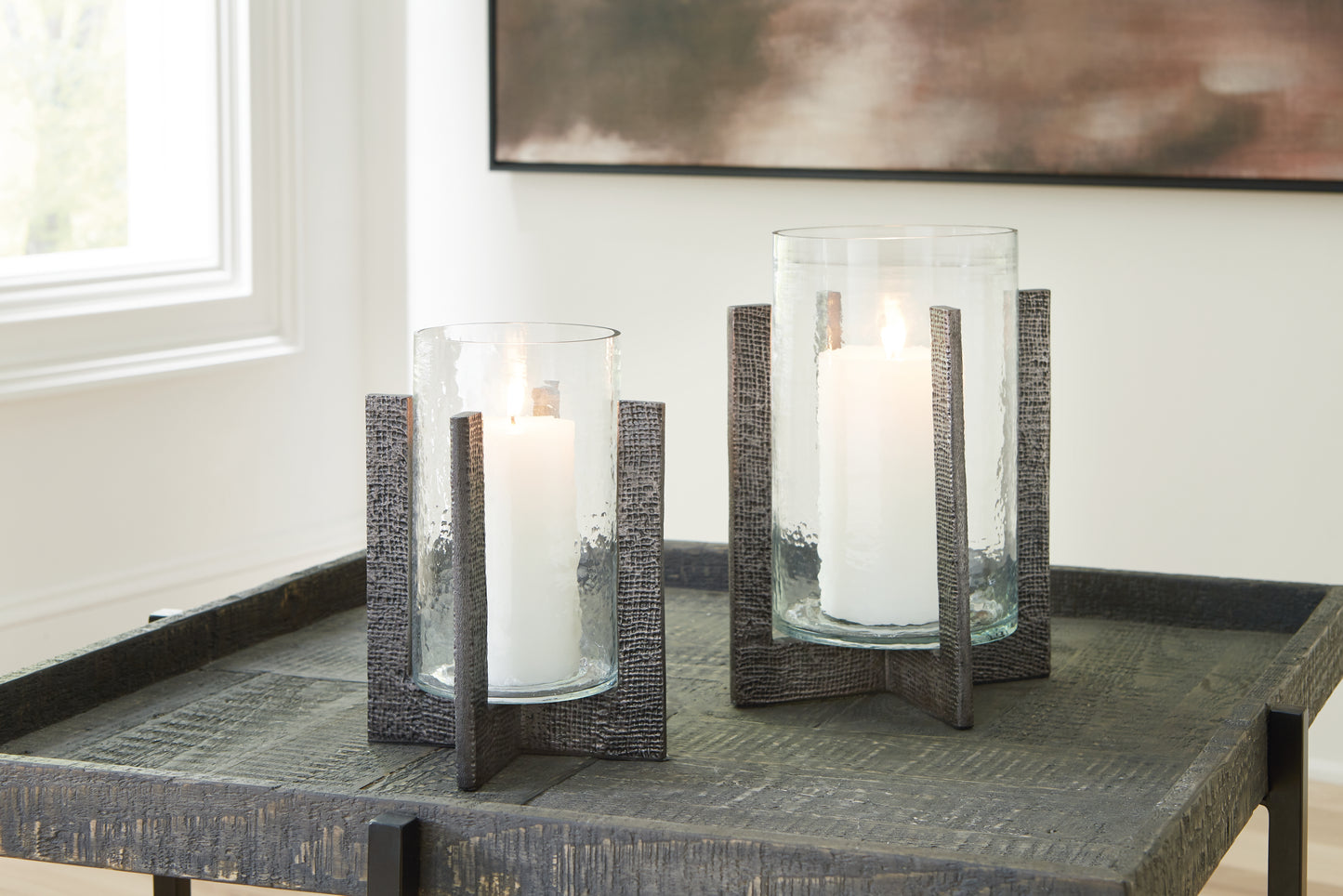 Ocala Furniture Outlet - Ashley Furniture - Garekton Candle Holder - Candle Holder Set (Set of 2) / Clear/Pewter Finish - A2000591