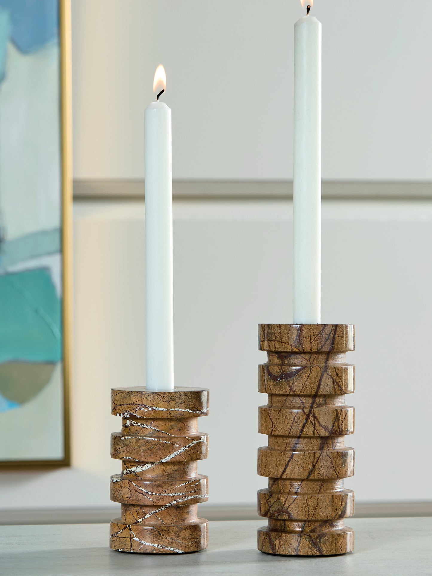Ocala Furniture Outlet - Ashley Furniture - Emsleyfield Candle Holder - Candle Holder Set (Set of 2) / Tan - A2000735