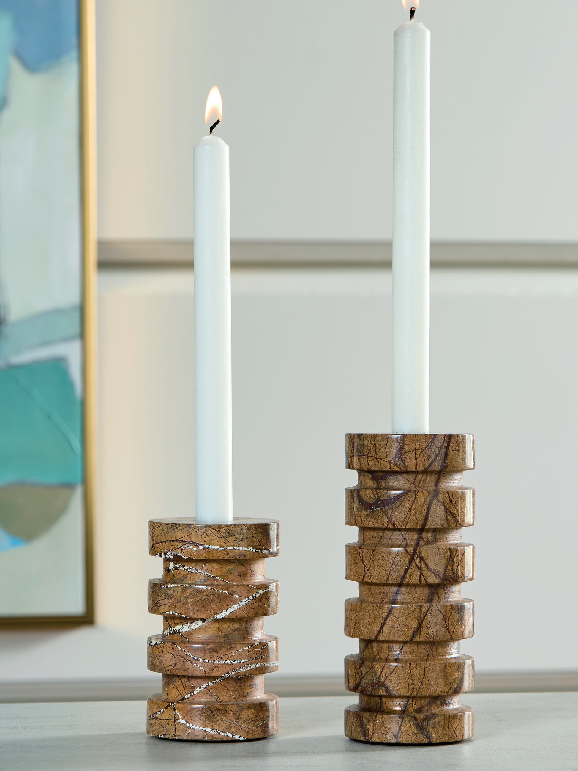 Ocala Furniture Outlet - Ashley Furniture - Emsleyfield Candle Holder - Candle Holder Set (Set of 2) / Tan - A2000735