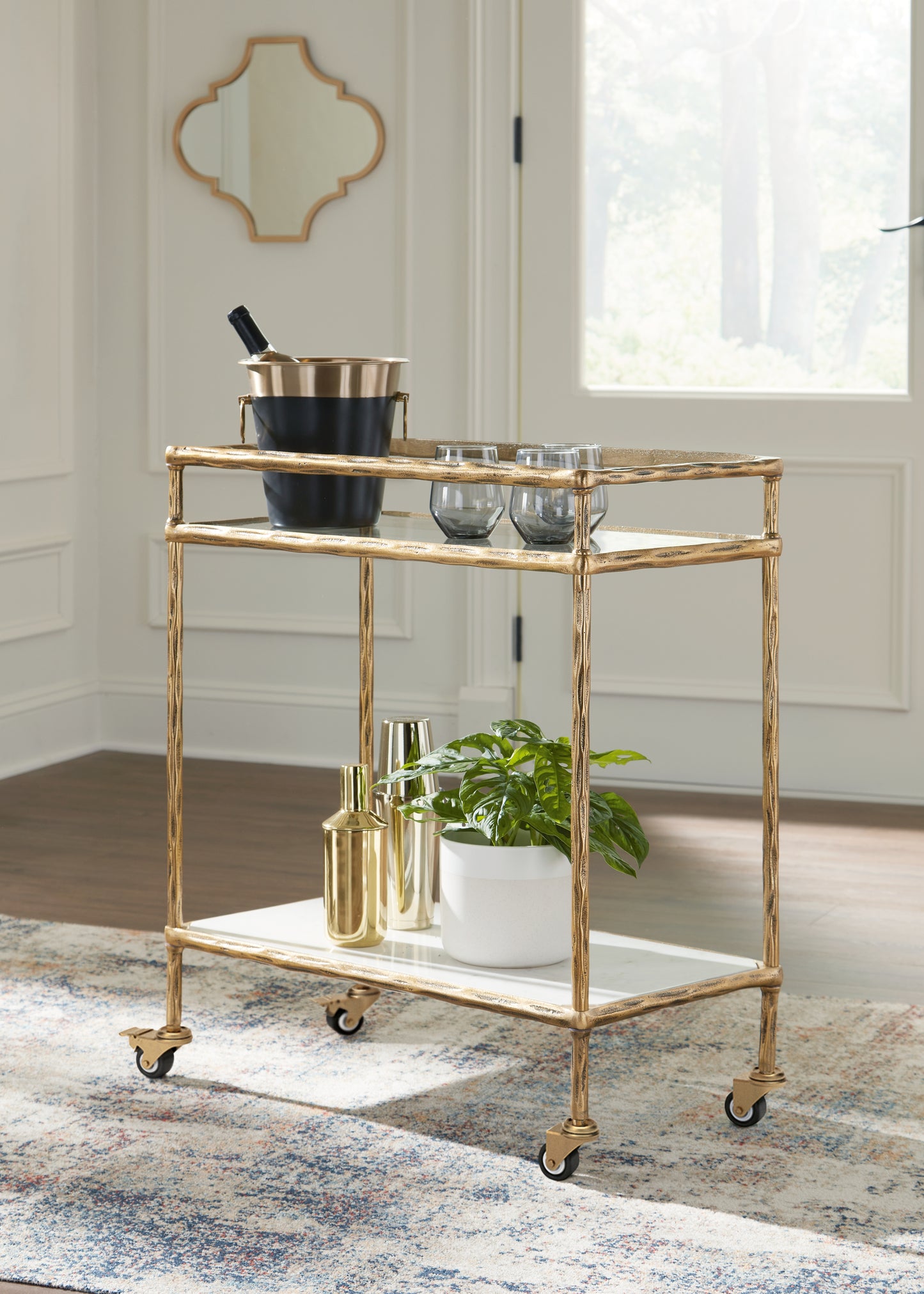 Ocala Furniture Outlet - Ashley Furniture - Plattfield Bar Cart - Bar Cart / Antique Gold Finish - A4000625