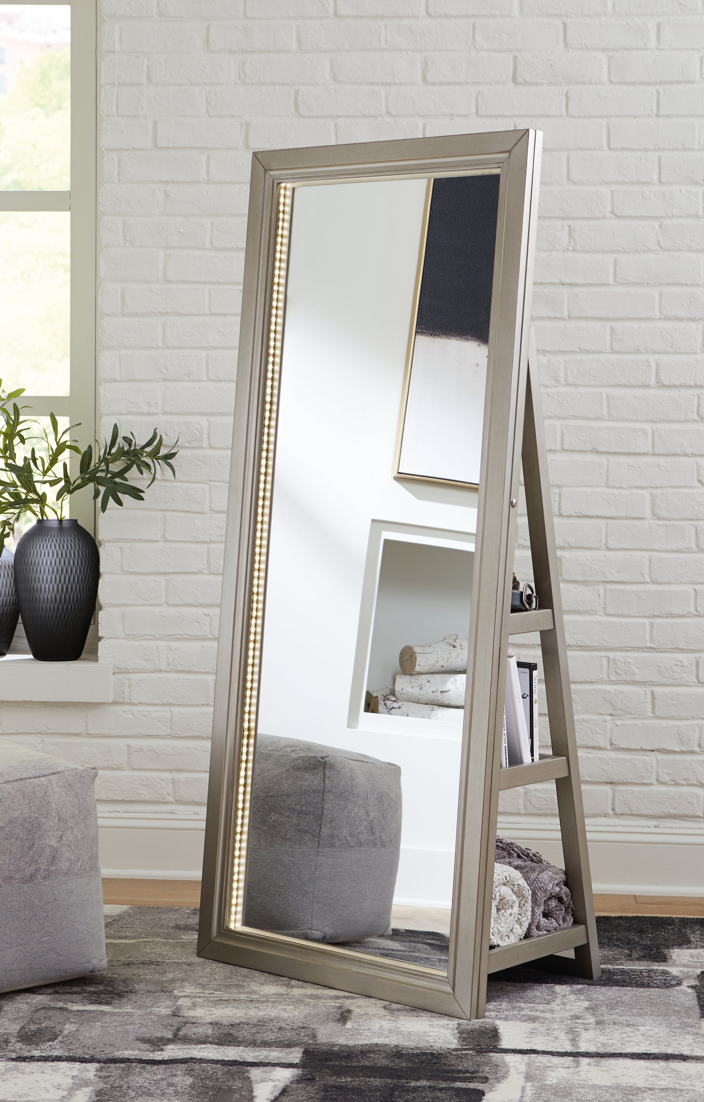 Ocala Furniture Outlet - Ashley Furniture - Evesen Mirror - Floor Standing Mirror/Storage / Black - A8010384