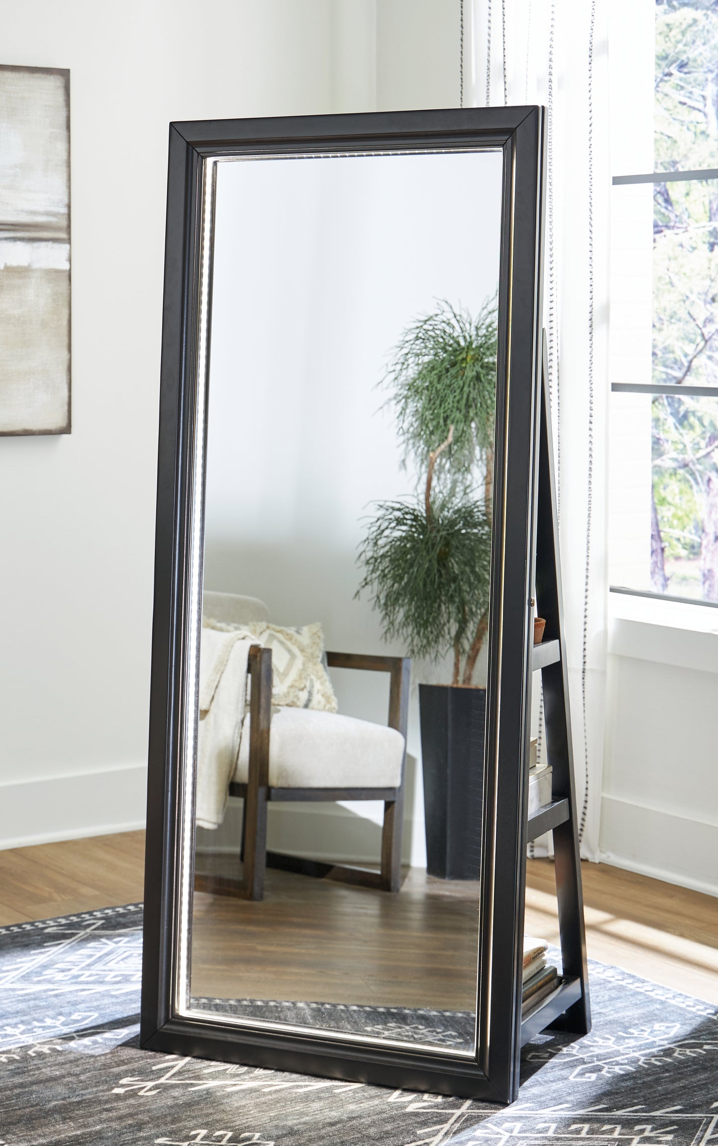 Ocala Furniture Outlet - Ashley Furniture - Evesen Mirror - Floor Standing Mirror/Storage / Black - A8010384