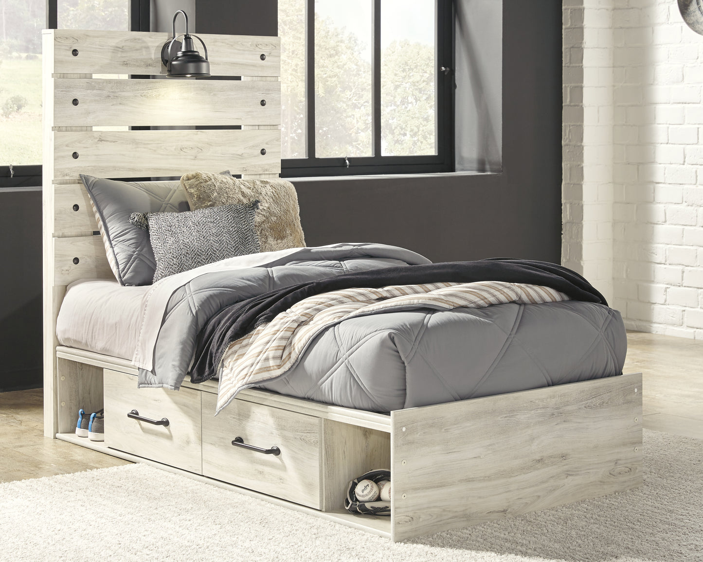 Ocala Furniture Outlet - Ashley Furniture - Cambeck Bedroom - Twin Panel Bed with 4 Storage Drawers / Whitewash - B192B21