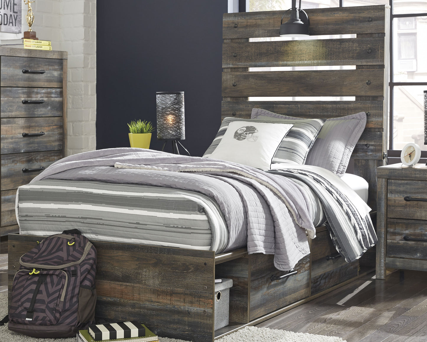 Ocala Furniture Outlet - Ashley Furniture - Drystan Bedroom - Twin Panel Bed with 4 Storage Drawers / Multi - B211B11