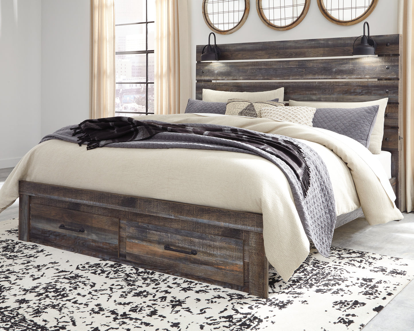 Ocala Furniture Outlet - Ashley Furniture - Drystan Bedroom - King Panel Bed with 2 Storage Drawers / Multi - B211B55