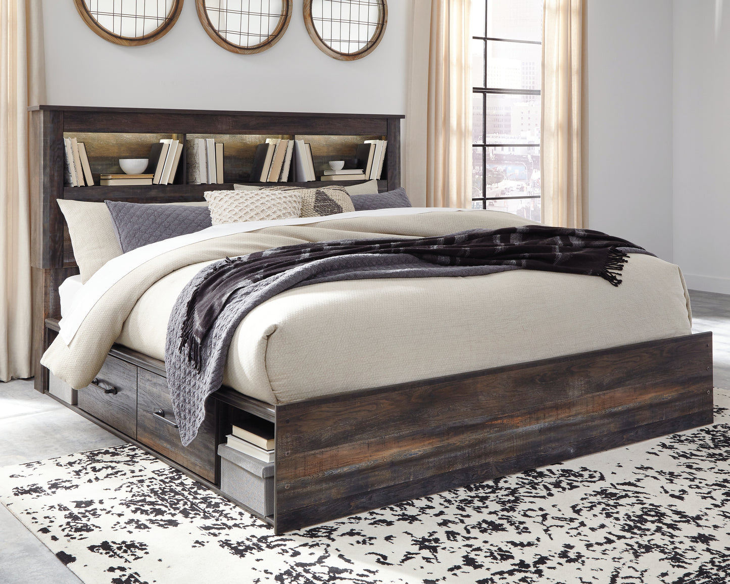Ocala Furniture Outlet - Ashley Furniture - Drystan Bedroom - King Bookcase Bed with 4 Storage Drawers / Multi - B211B52