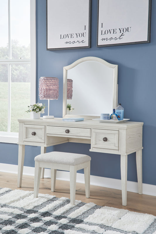 Ocala Furniture Outlet - Ashley Furniture - Robbinsdale Mirrored Vanity with Bench - Mirrored Vanity with Bench / Antique White - B742B11