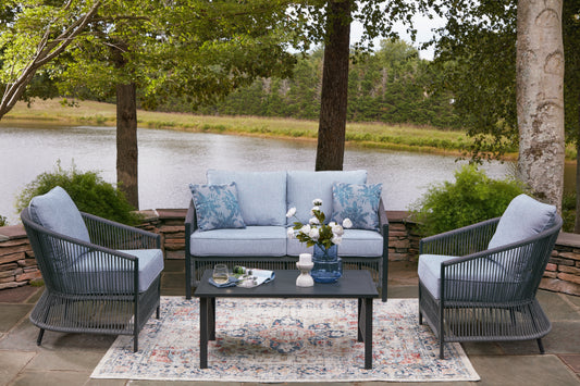 Ocala Furniture Outlet - Ashley Furniture - Bridges Beach Outdoor - Love/Chairs/Table Set (4/CN) / Gray - PCP391-080
