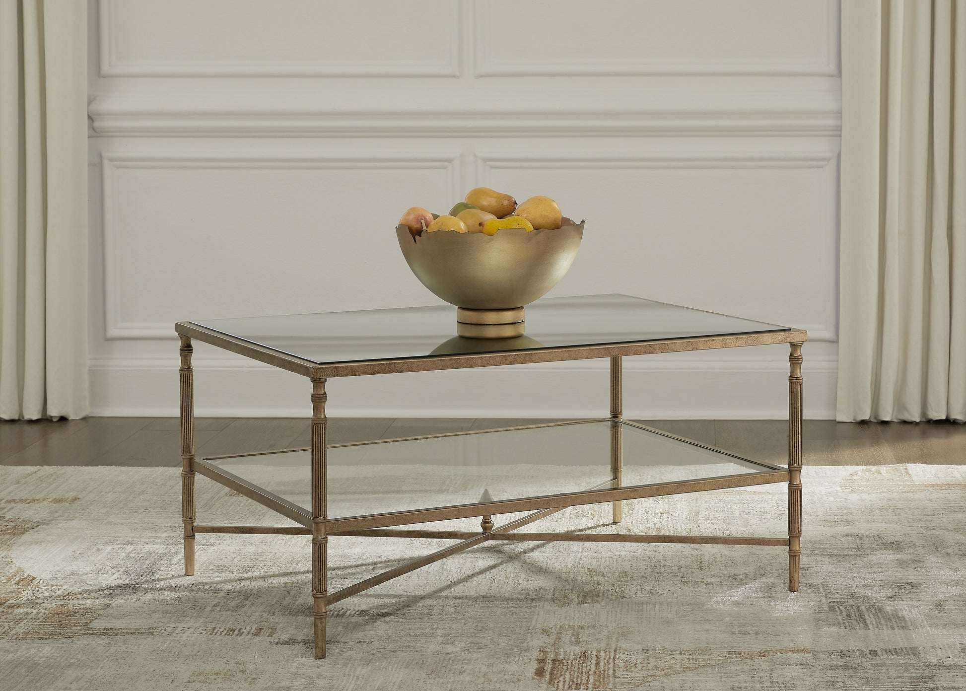 Ocala Furniture Outlet - Ashley Furniture - Cloverty Coffee Table - Rectangular Cocktail Table / Aged Gold Finish - T440-1
