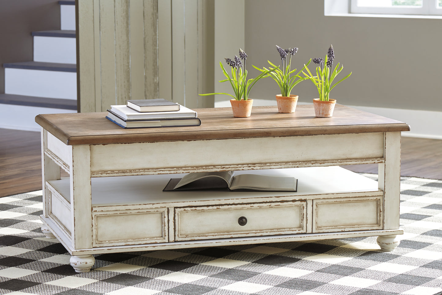 Ocala Furniture Outlet - Ashley Furniture - Realyn Coffee Table with Lift Top - Lift Top Cocktail Table / White/Brown - T523-9