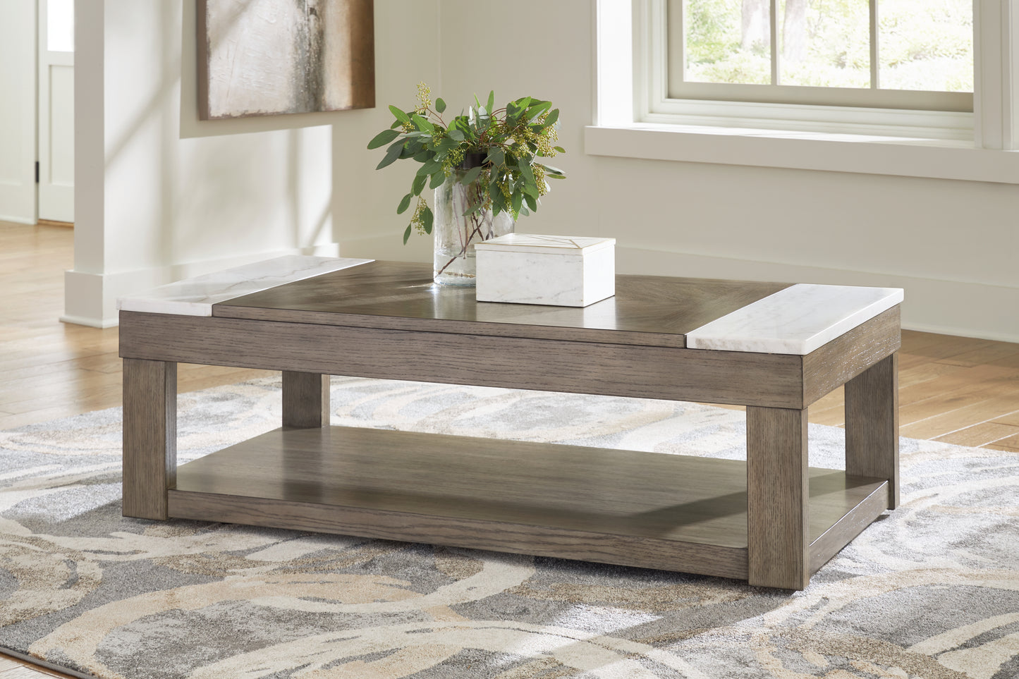 Ocala Furniture Outlet - Ashley Furniture - Loyaska Lift-Top Coffee Table - Lift Top Cocktail Table / Grayish Brown/White - T854-9