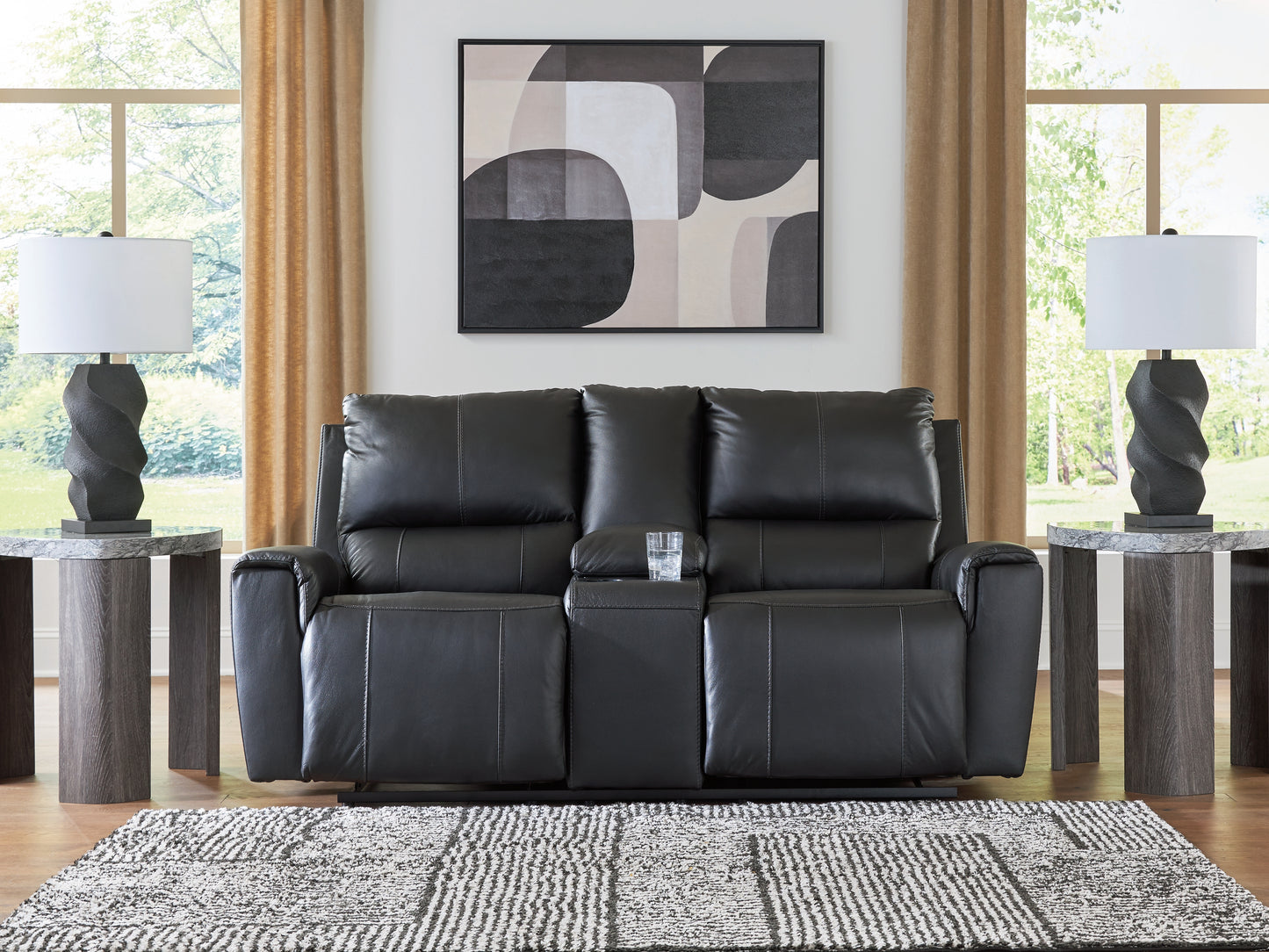 Ocala Furniture Outlet - Ashley Furniture - Glossmore Living Room - DBL Rec Loveseat w/Console / Black - PCU1170094