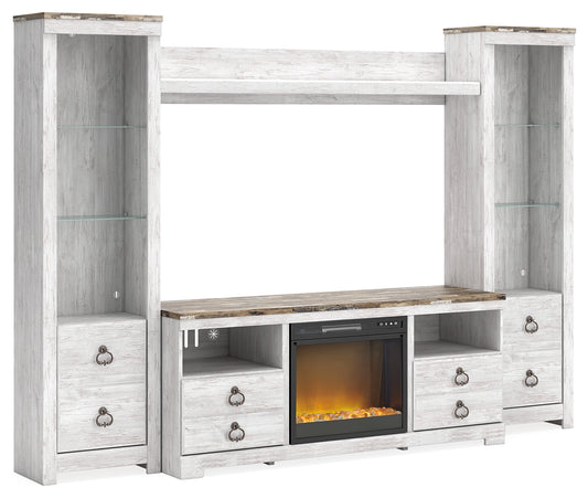 Ocala Furniture Outlet - Ashley Furniture - Willowton 4-Piece Entertainment Center with Electric Fireplace - 4-Piece Entertainment Center with Electric Fireplace / Whitewash - W267W4