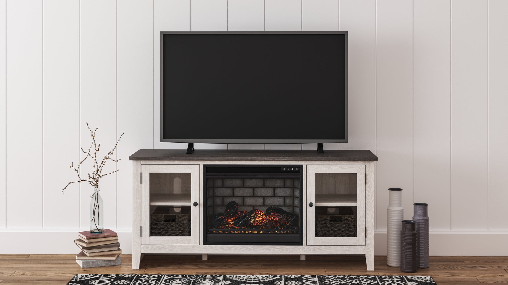 Ocala Furniture Outlet - Ashley Furniture - Dorrinson 60" TV Stand with Electric Fireplace - 60" TV Stand with Electric Fireplace / Two-tone - W287W3