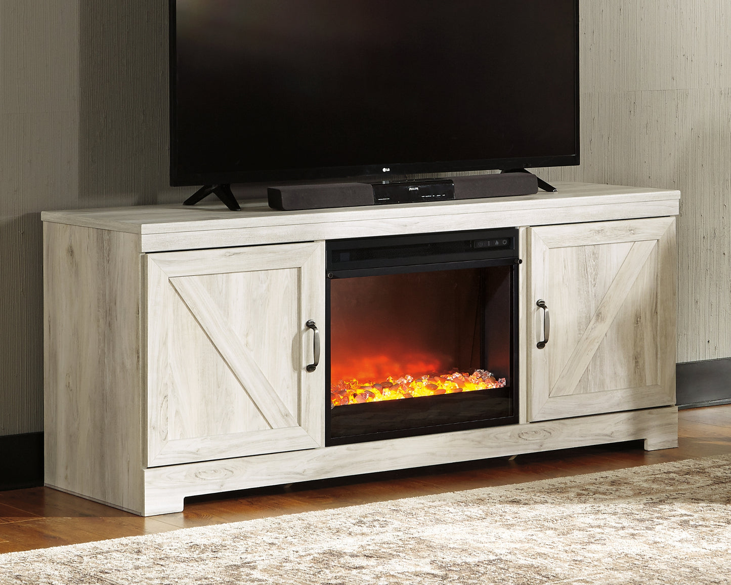 Ocala Furniture Outlet - Ashley Furniture - Bellaby 63" TV Stand with Fireplace - 63" TV Stand with Fireplace / Whitewash - W331W4