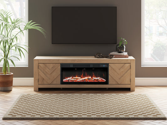 Ocala Furniture Outlet - Ashley Furniture - Cayboni 71" TV Stand with Electric Fireplace - 71" TV Stand with Electric Fireplace / Tan - W3787W1