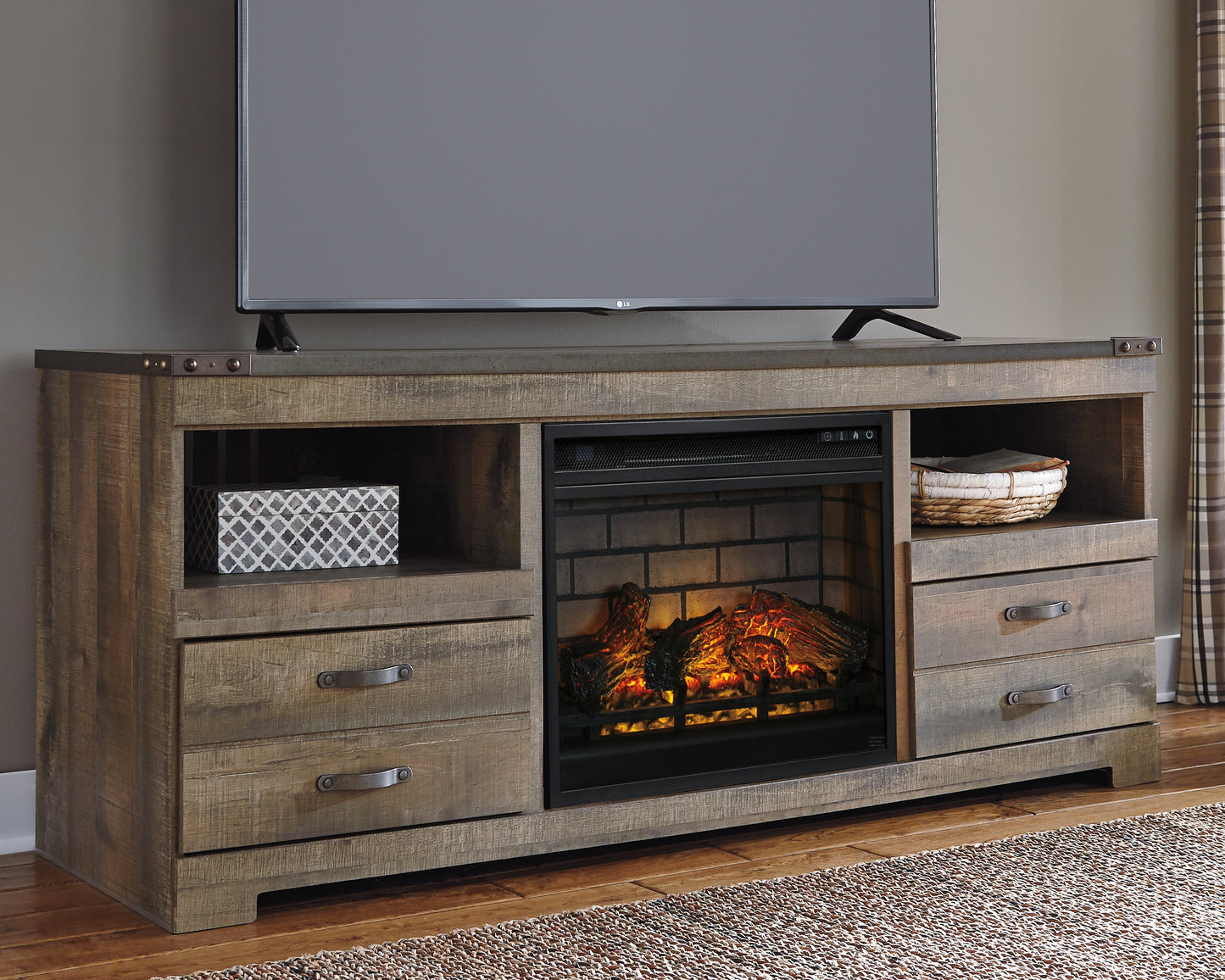 Ocala Furniture Outlet - Ashley Furniture - Trinell 63" TV Stand with Electric Fireplace - 63" TV Stand with Electric Fireplace / Brown - W446W9