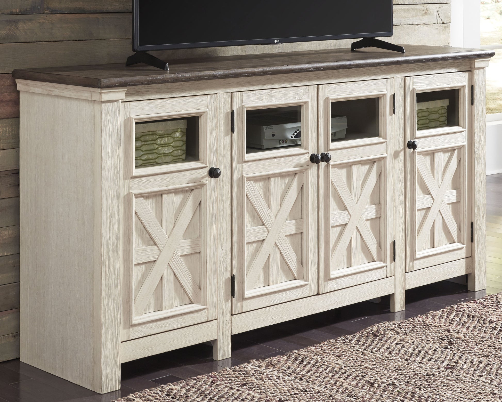Ocala Furniture Outlet - Ashley Furniture - Bolanburg 74" TV Stand - 74" / White/Weathered Gray - W647-60