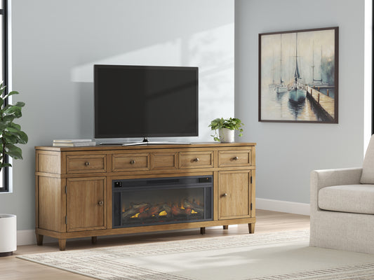 Ocala Furniture Outlet - Ashley Furniture - Sharlance 81" TV Stand with Electric Fireplace - 81" TV Stand with Electric Fireplace / Light Brown - W655W1