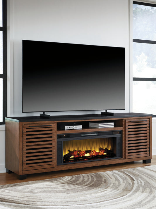 Ocala Furniture Outlet - Ashley Furniture - Kallari 84" TV Stand with Electric Fireplace - 84" TV Stand with Electric Fireplace / Warm Brown/Black - W737W1