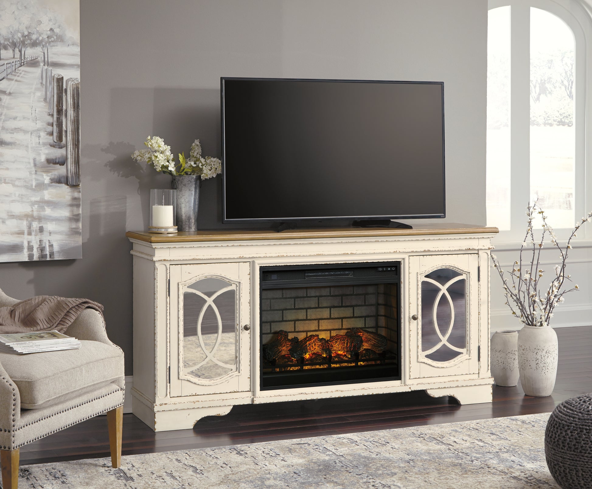 Ocala Furniture Outlet - Ashley Furniture - Realyn 74" TV Stand with Electric Fireplace - 74" TV Stand with Electric Fireplace / Chipped White - W743W2