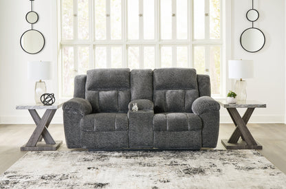 Ocala Furniture Outlet - Ashley Furniture - Frohn Living Room - DBL Rec Loveseat w/Console / Graphite - 3740694