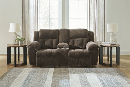 Ocala Furniture Outlet - Ashley Furniture - Frohn Living Room - DBL Rec Loveseat w/Console / Chocolate - 3740794