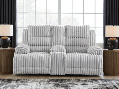 Ocala Furniture Outlet - Ashley Furniture - Rhines Falls Living Room - DBL REC PWR Loveseat w/Console / Alloy - PC4280496