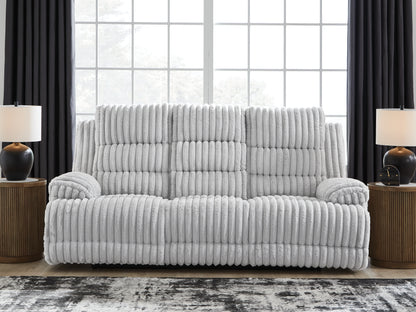 Ocala Furniture Outlet - Ashley Furniture - Rhines Falls Living Room - REC PWR Sofa w/Drop Down Table / Alloy - PC4280499