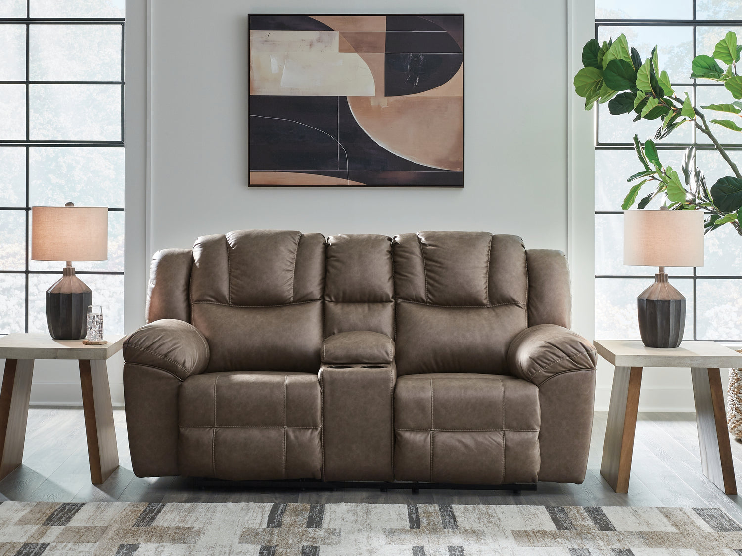 Ocala Furniture Outlet - Ashley Furniture - Lowilla Living Room - DBL Rec Loveseat w/Console / Driftwood - PC6450694