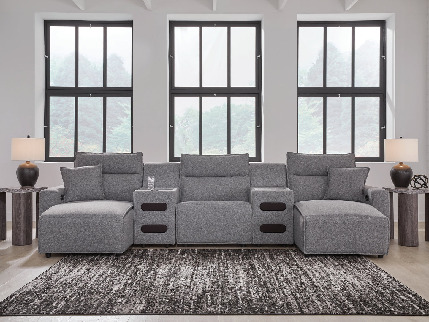 Ocala Furniture Outlet - Ashley Furniture - ModMax II Sectional - 5-Piece Power Reclining Sectional with Chaise and Audio Consoles / Salt and Pepper - 65906S15