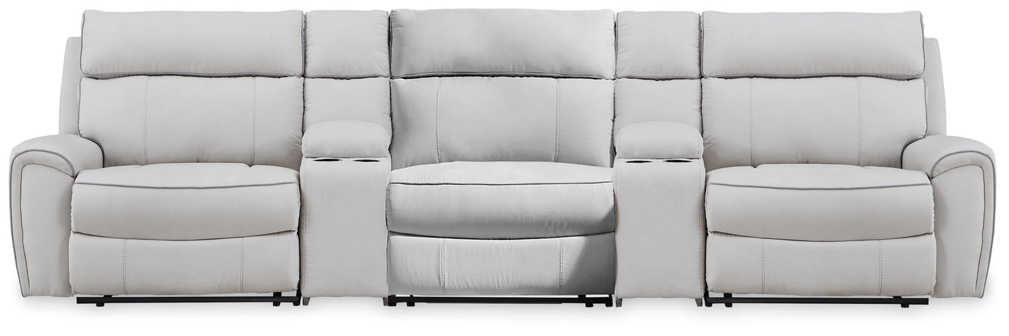 Ocala Furniture Outlet - Ashley Furniture - Social Pointe Sectional - 5-Piece Reclining Sectional with Storage Consoles / Pearl/Ash - PC98802S39