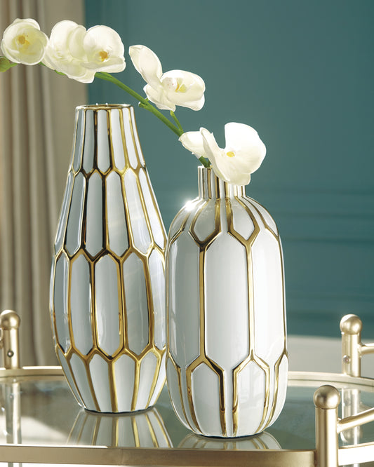 Ocala Furniture Outlet - Ashley Furniture - Mohsen Vase - Vase Set (Set of 2) / Gold Finish/White - A2000135
