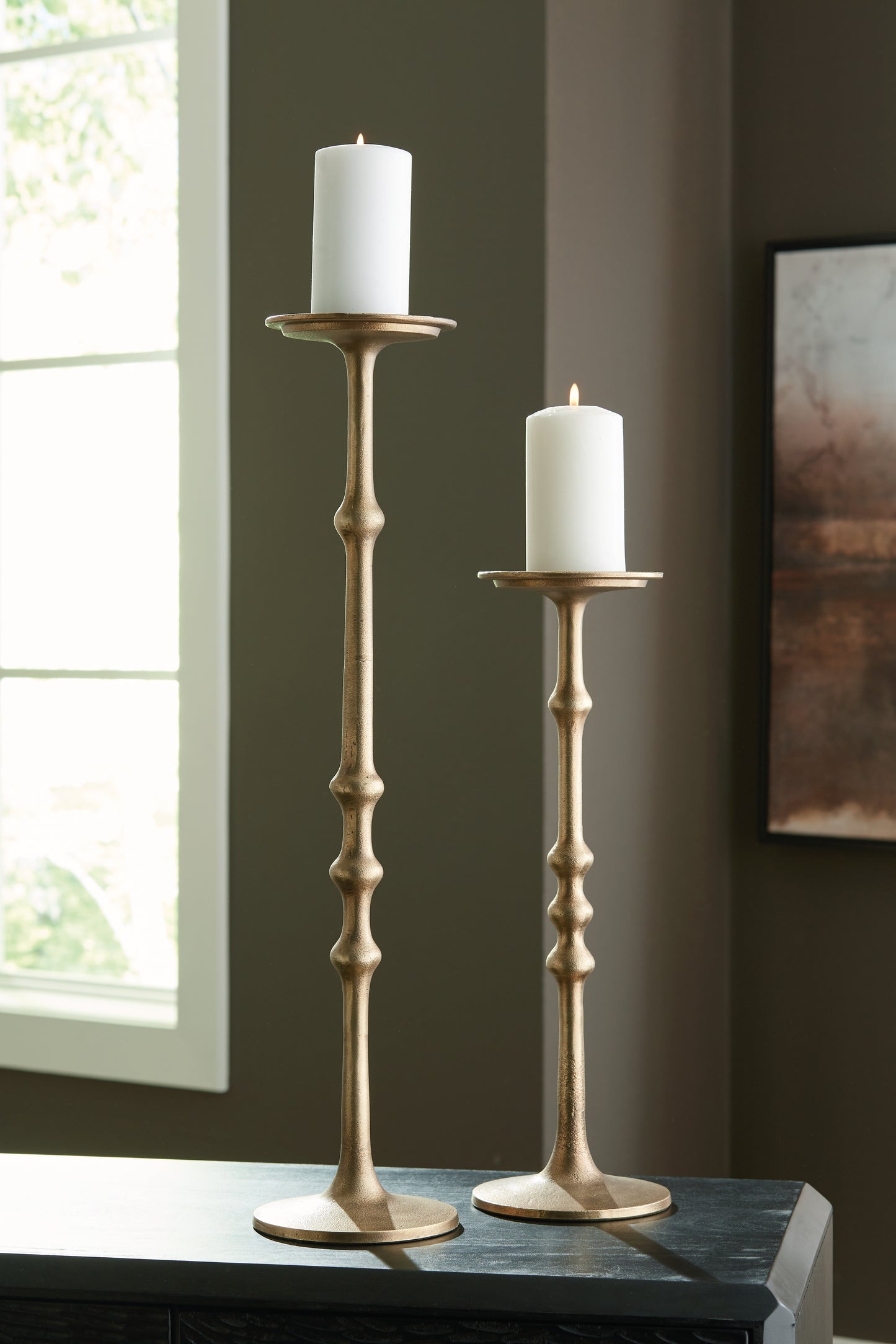 Ocala Furniture Outlet - Ashley Furniture - Larwick Candle Holder - Candle Holder Set (Set of 2) / Antique Brass Finish - A2000683