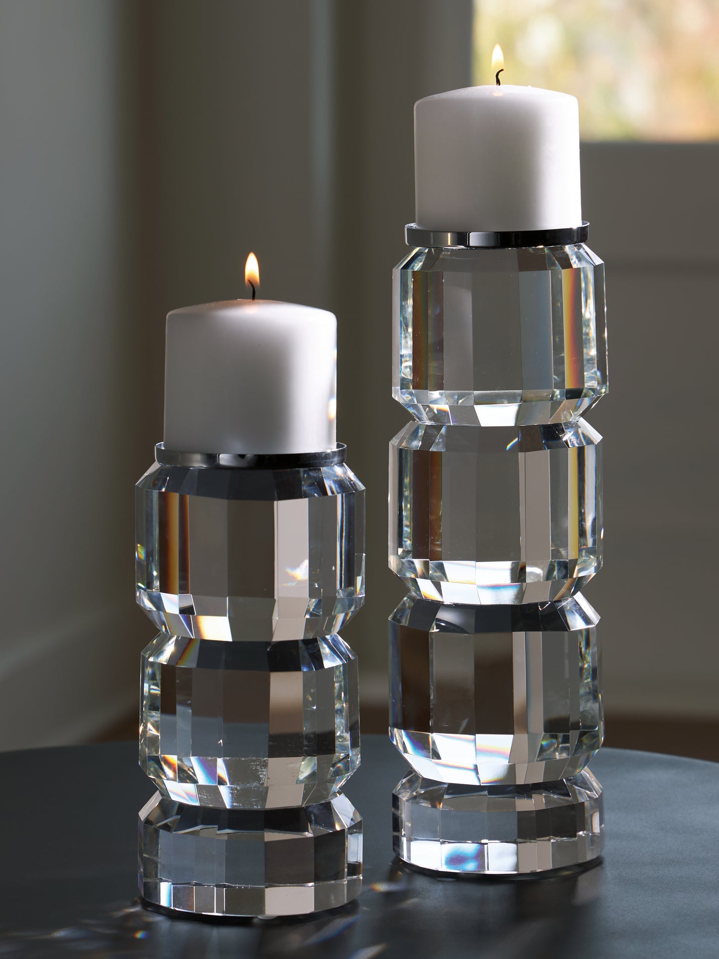 Ocala Furniture Outlet - Ashley Furniture - Brentley Candle Holder - Candle Holder Set (Set of 2) / Clear/Silver Finish - A2000770
