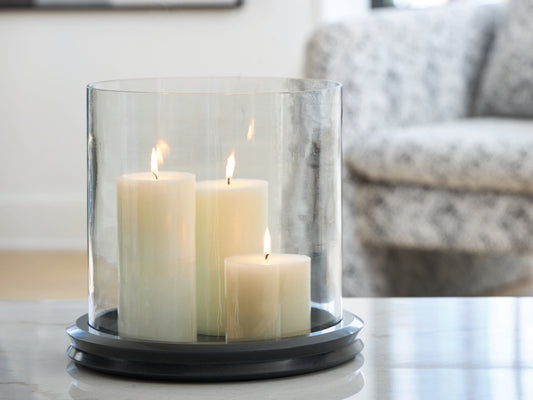 Ocala Furniture Outlet - Ashley Furniture - Saskia Candle Holder - Candle Holder / Clear/Beige - A2000847
