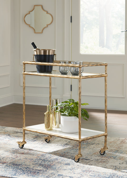 Ocala Furniture Outlet - Ashley Furniture - Plattfield Bar Cart - Bar Cart / Antique Gold Finish - A4000625
