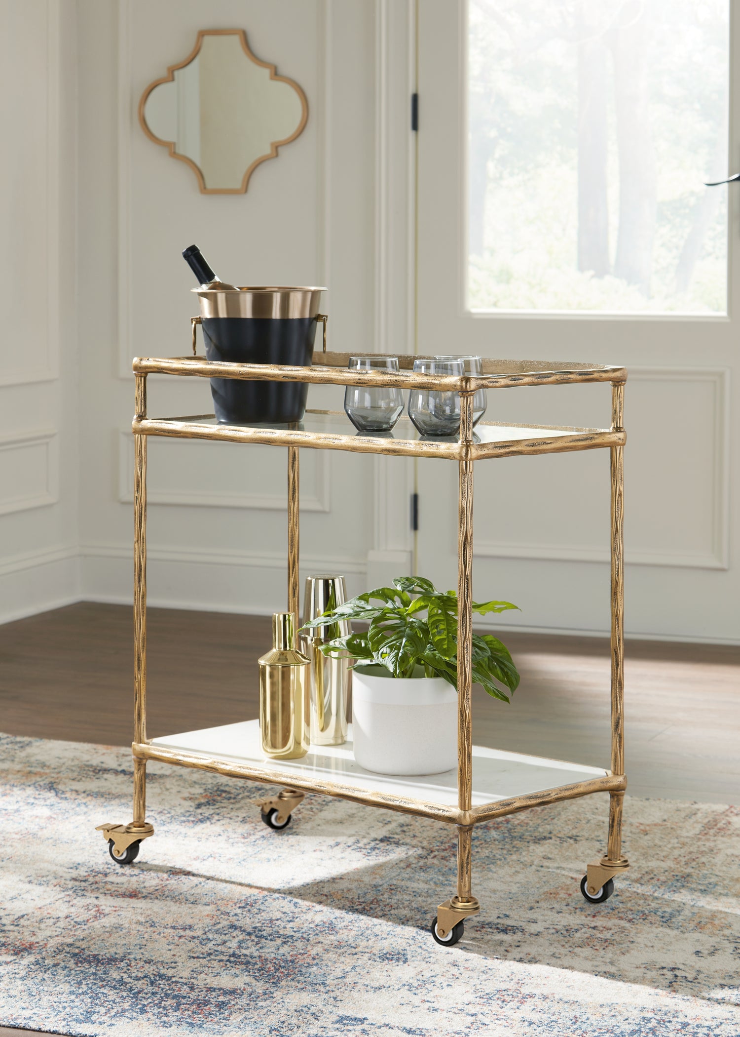 Ocala Furniture Outlet - Ashley Furniture - Plattfield Bar Cart - Bar Cart / Antique Gold Finish - A4000625