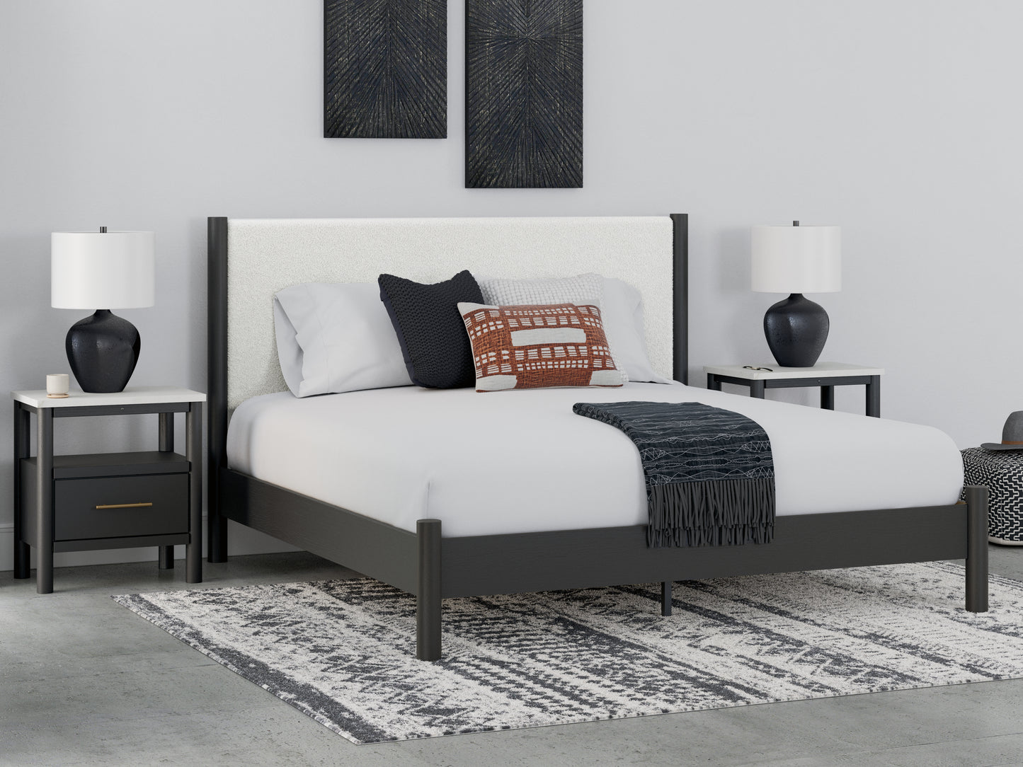 Ocala Furniture Outlet - Ashley Furniture - Cadmori Bedroom - King Upholstered Panel Bed / Black/White - B2616B8