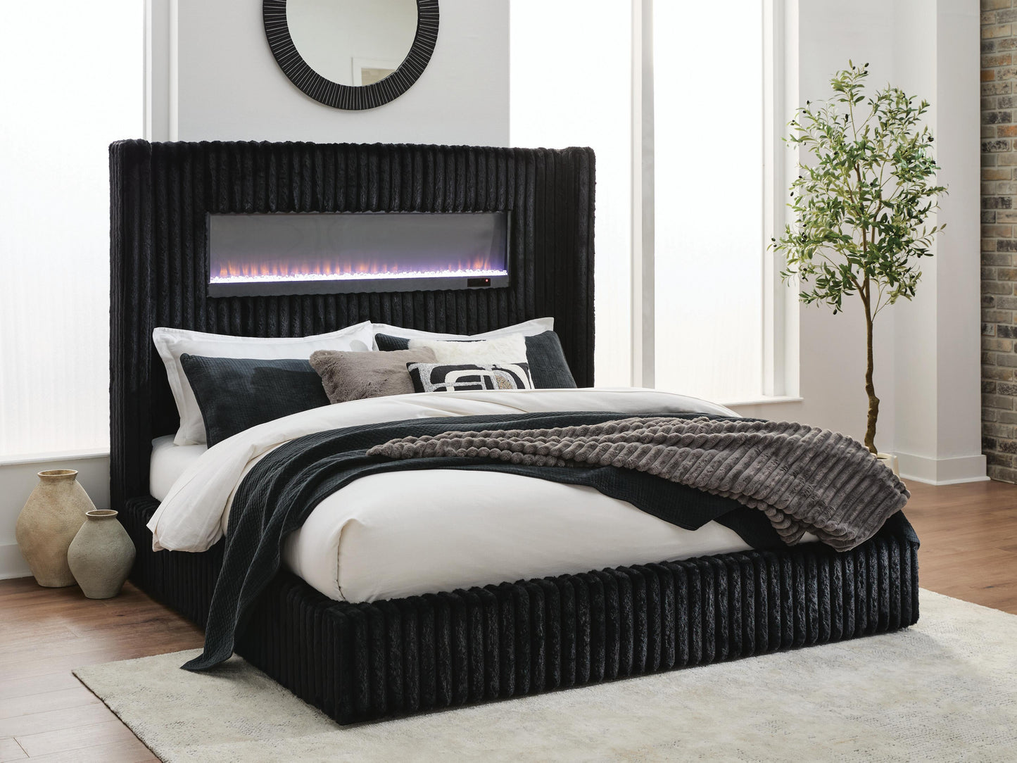 Ocala Furniture Outlet - Ashley Furniture - Tayleena Bedroom - King Upholstered Bed with Fireplace and Wireless Audio - PCB620B2