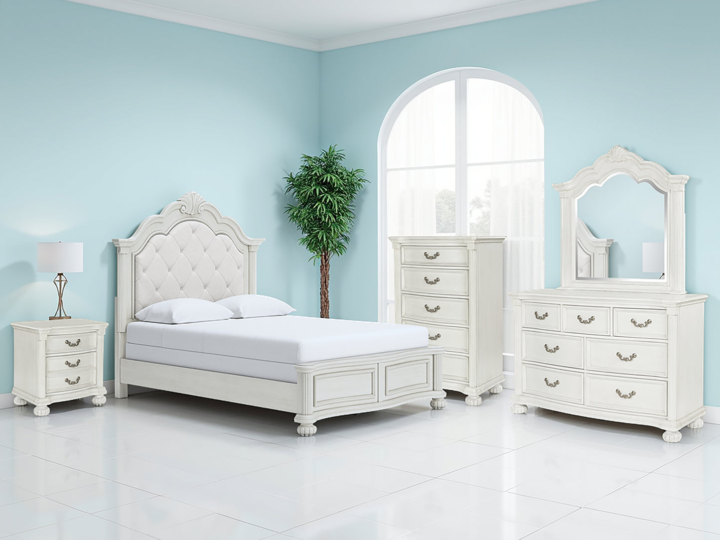 Ocala Furniture Outlet - Ashley Furniture - Montelaine Bedroom - Queen Upholstered Panel Bed / Antique White - B795B2