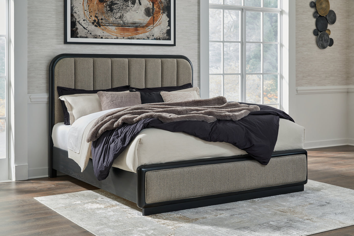 Ocala Furniture Outlet - Ashley Furniture - Rowanbeck Bedroom - California King Upholstered Panel Bed / Gray/Black - B821B5