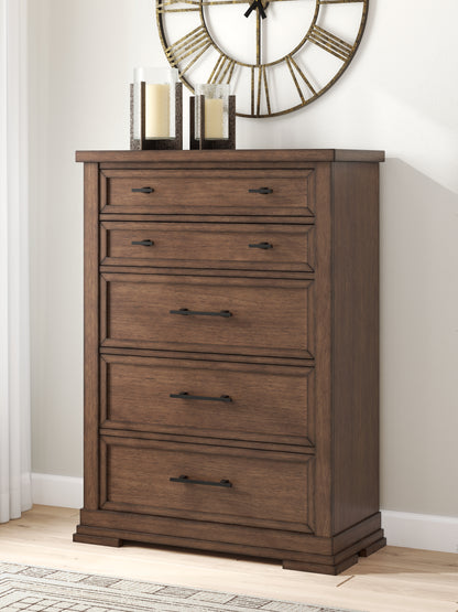 Ocala Furniture Outlet - Ashley Furniture - Taffenbrook Bedroom - Five Drawer Chest / Medium Brown - B849-46
