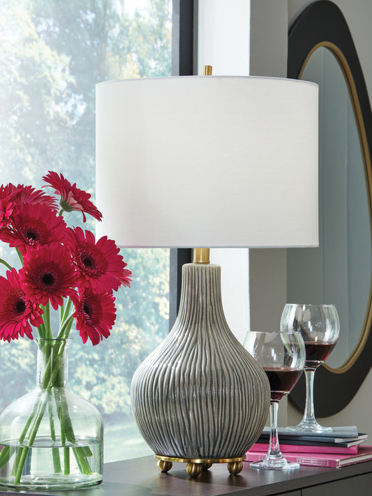 Ocala Furniture Outlet - Ashley Furniture - Judlen Lighting - Ceramic Table Lamp (1/CN) / Gray/Gold Finish - L100844