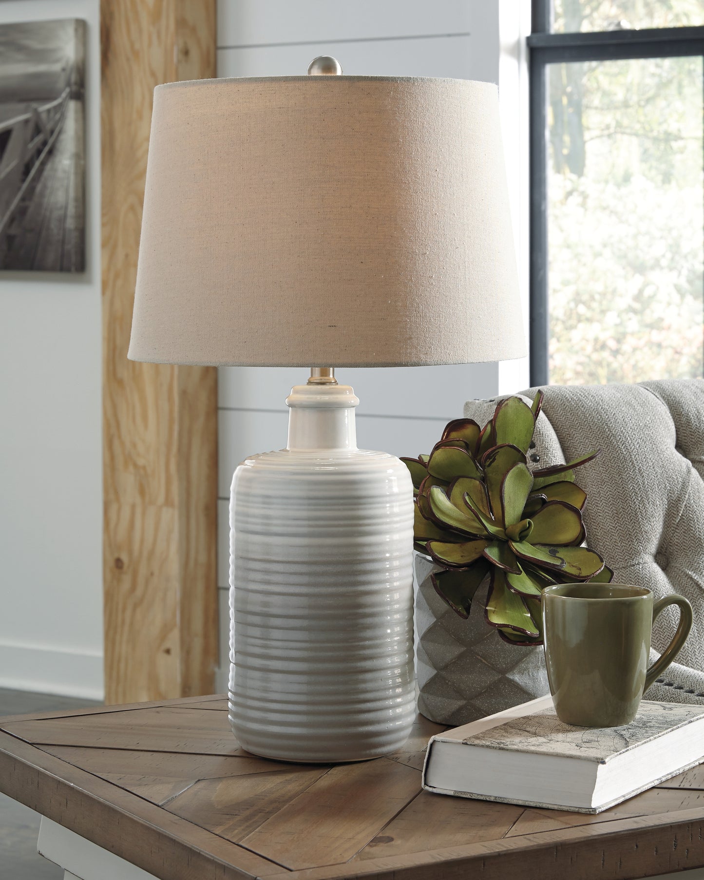 Ocala Furniture Outlet - Ashley Furniture - Marnina Lighting - Ceramic Table Lamp (Set of 2) / Taupe - L121854