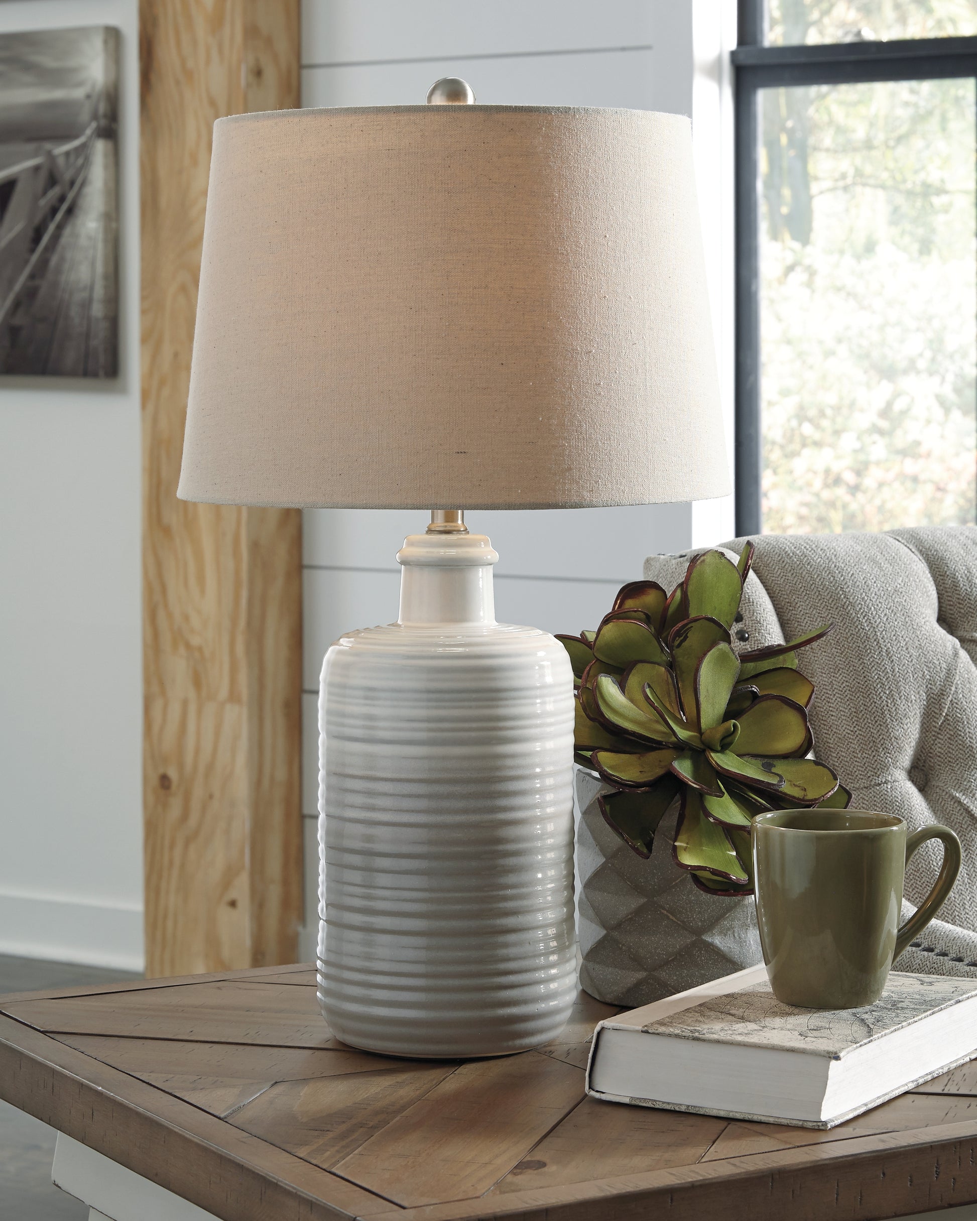 Ocala Furniture Outlet - Ashley Furniture - Marnina Lighting - Ceramic Table Lamp (Set of 2) / Taupe - L121854