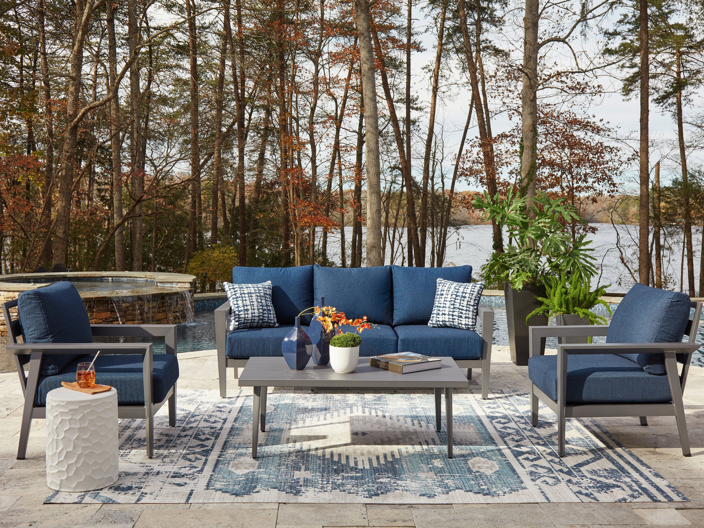 Ocala Furniture Outlet - Ashley Furniture - Gali Outdoor - Sofa/Chairs/Table Set (4/CN) / Gray/Blue - P275-081